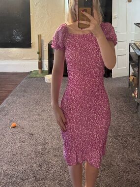 SHEIN Pink Floral Square-Neck Midi Dress with Puff Sleeves
